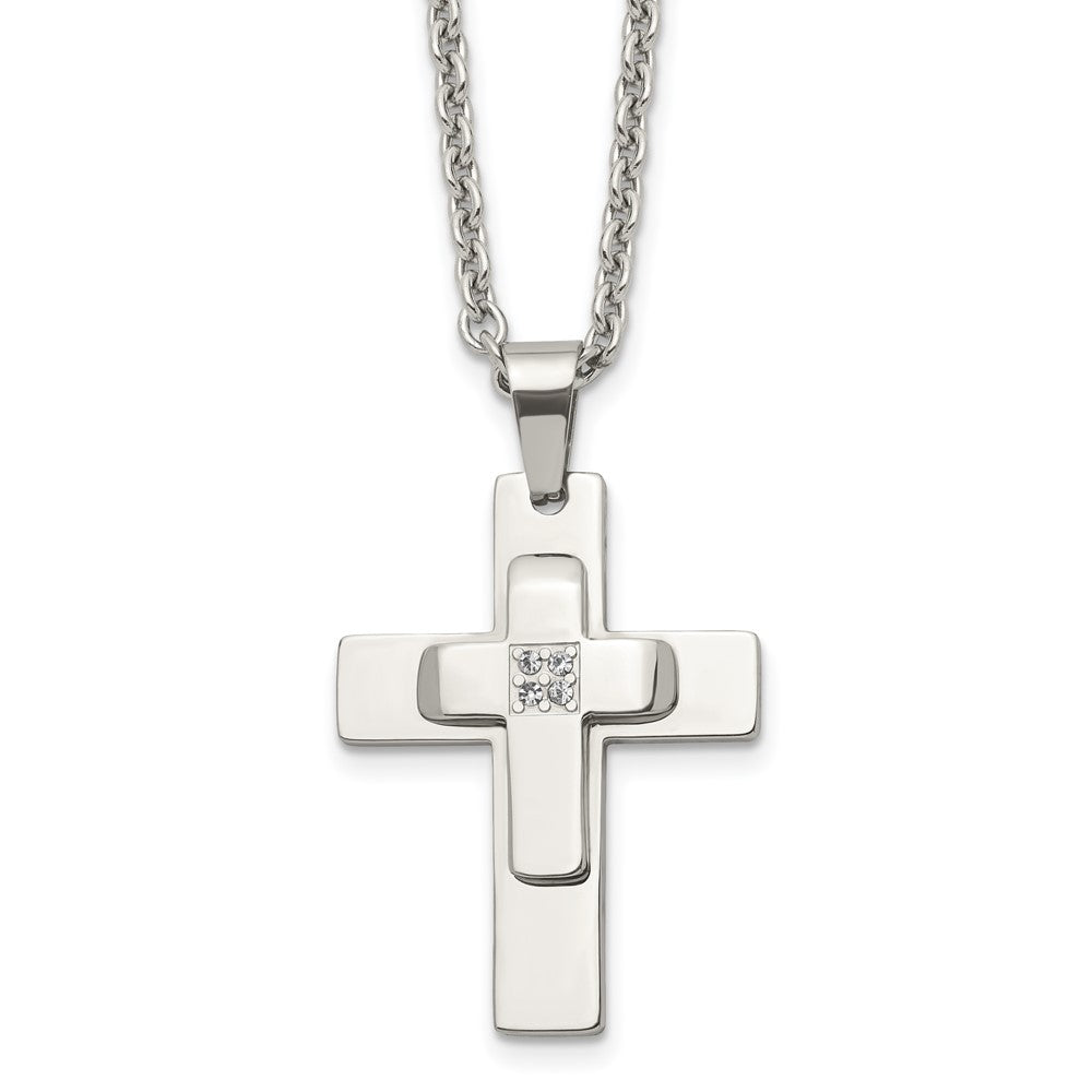 Men's Stainless Steel & CZ Polished Cross Necklace, 22 Inch, Item N23139 by The Black Bow Jewelry Co.