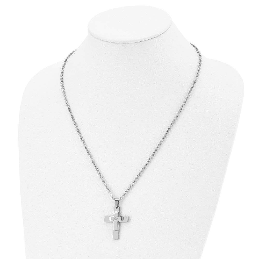 Alternate view of the Men's Stainless Steel & CZ Polished Cross Necklace, 22 Inch by The Black Bow Jewelry Co.