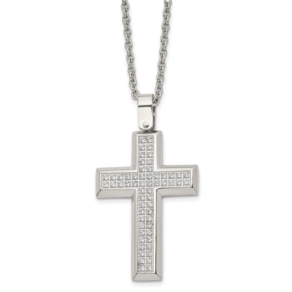 Men's Stainless Steel & CZ Large Beveled Cross Necklace, 24 Inch, Item N23142 by The Black Bow Jewelry Co.