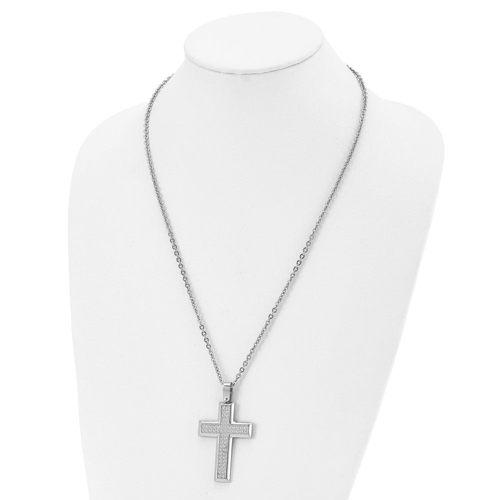 Alternate view of the Men's Stainless Steel & CZ Large Beveled Cross Necklace, 24 Inch by The Black Bow Jewelry Co.