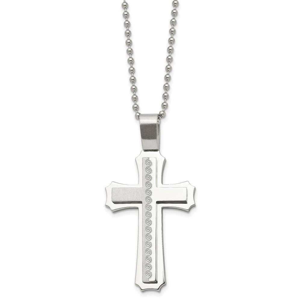 Men's Stainless Steel Brushed & Polished Swirl Cross Necklace, 24 Inch, Item N23148 by The Black Bow Jewelry Co.