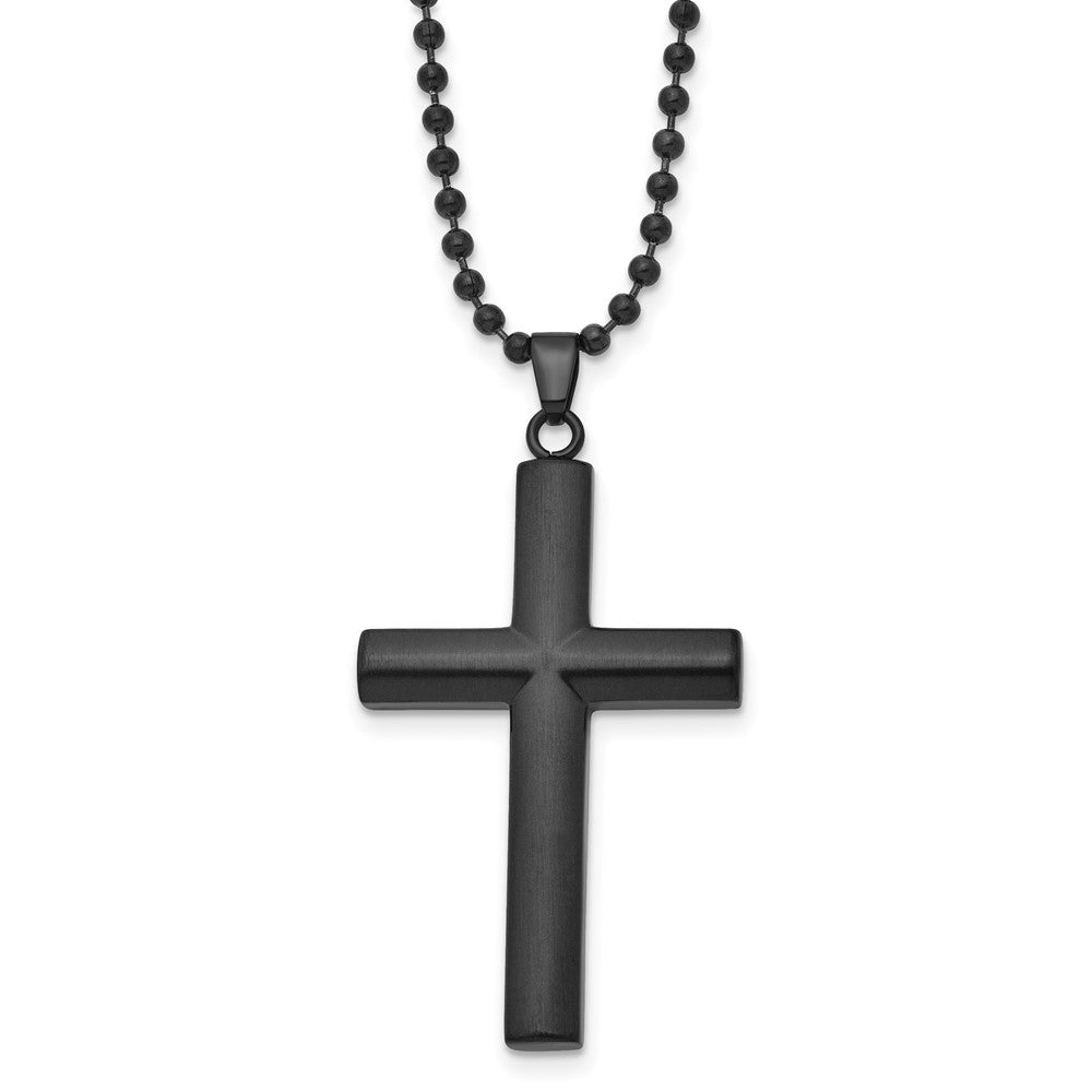 Men's Black Plated Stainless Steel Brushed Domed Cross Necklace, 24 In, Item N23151 by The Black Bow Jewelry Co.
