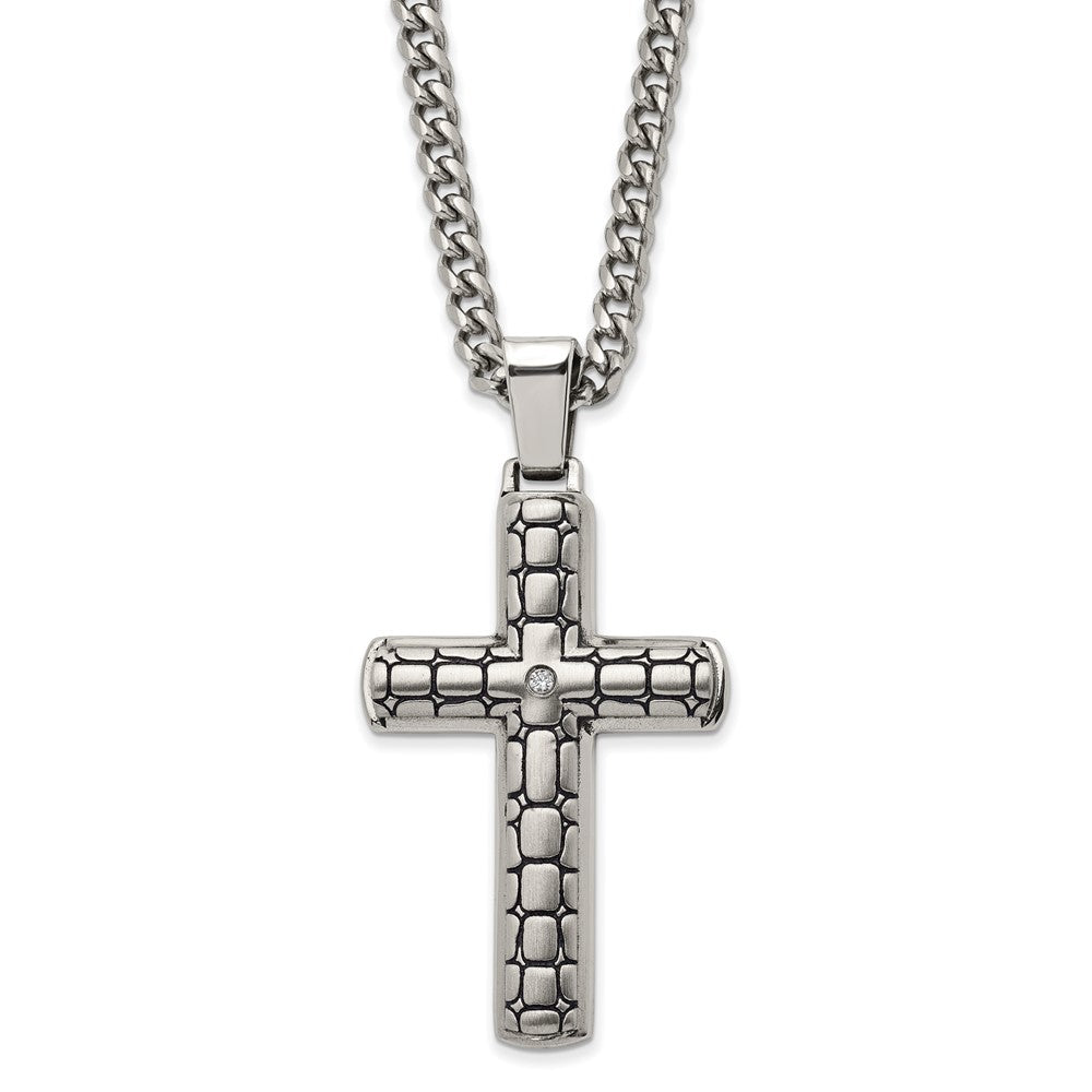 Stainless Steel CZ Antiqued Brushed Cobblestone Cross Necklace, 24 In, Item N23153 by The Black Bow Jewelry Co.