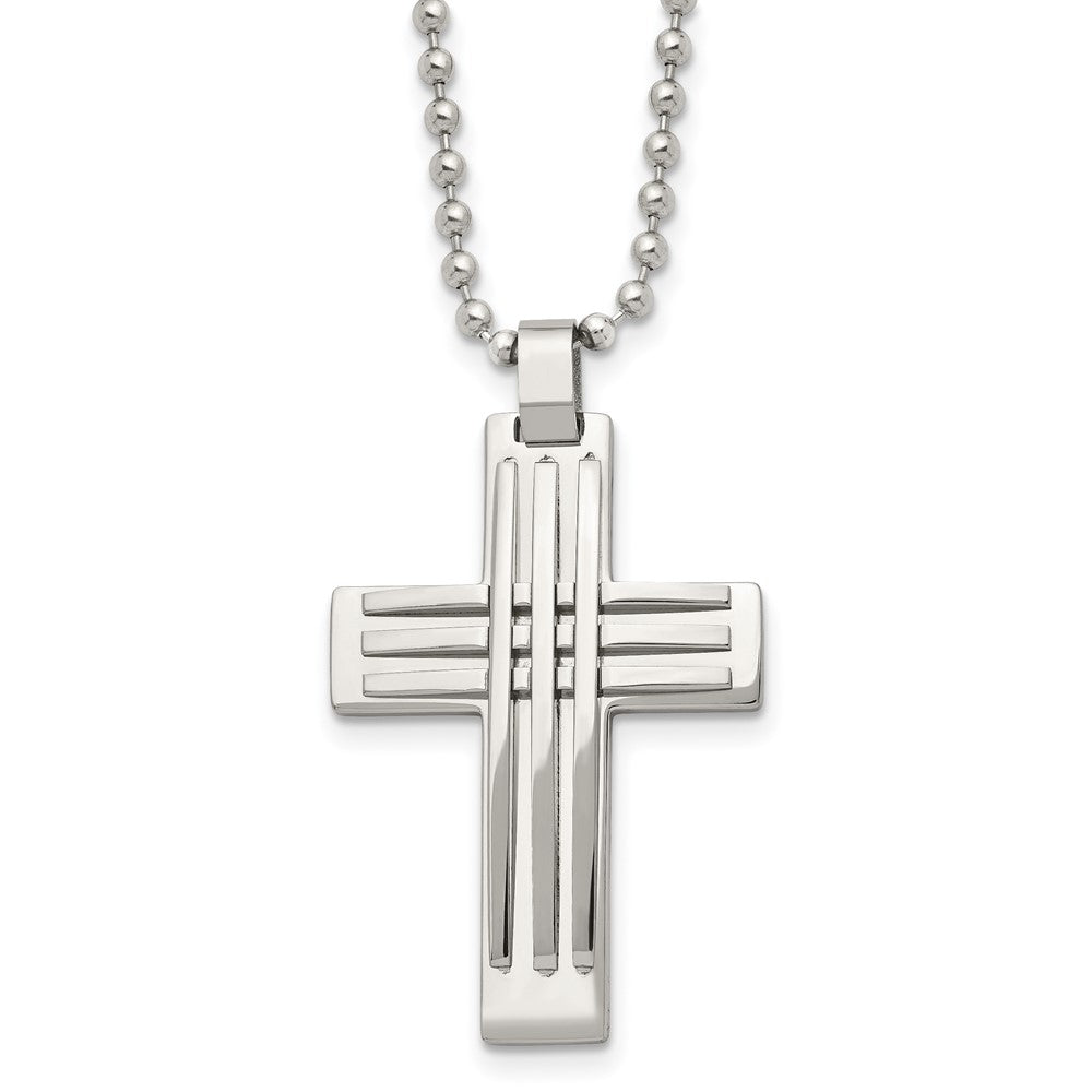 Men's Stainless Steel Polished Bar Cross Necklace, 22 Inch, Item N23156 by The Black Bow Jewelry Co.