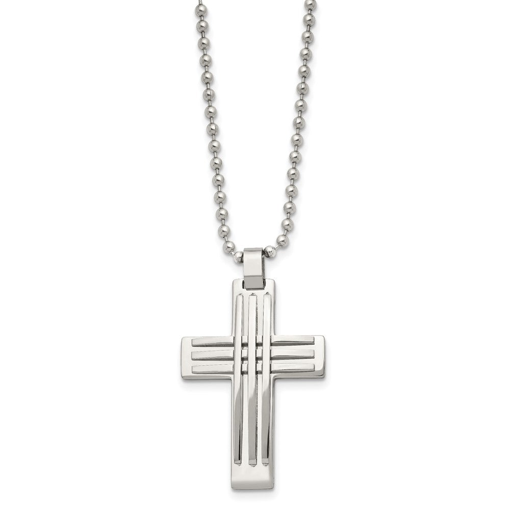 Alternate view of the Men's Stainless Steel Polished Bar Cross Necklace, 22 Inch by The Black Bow Jewelry Co.