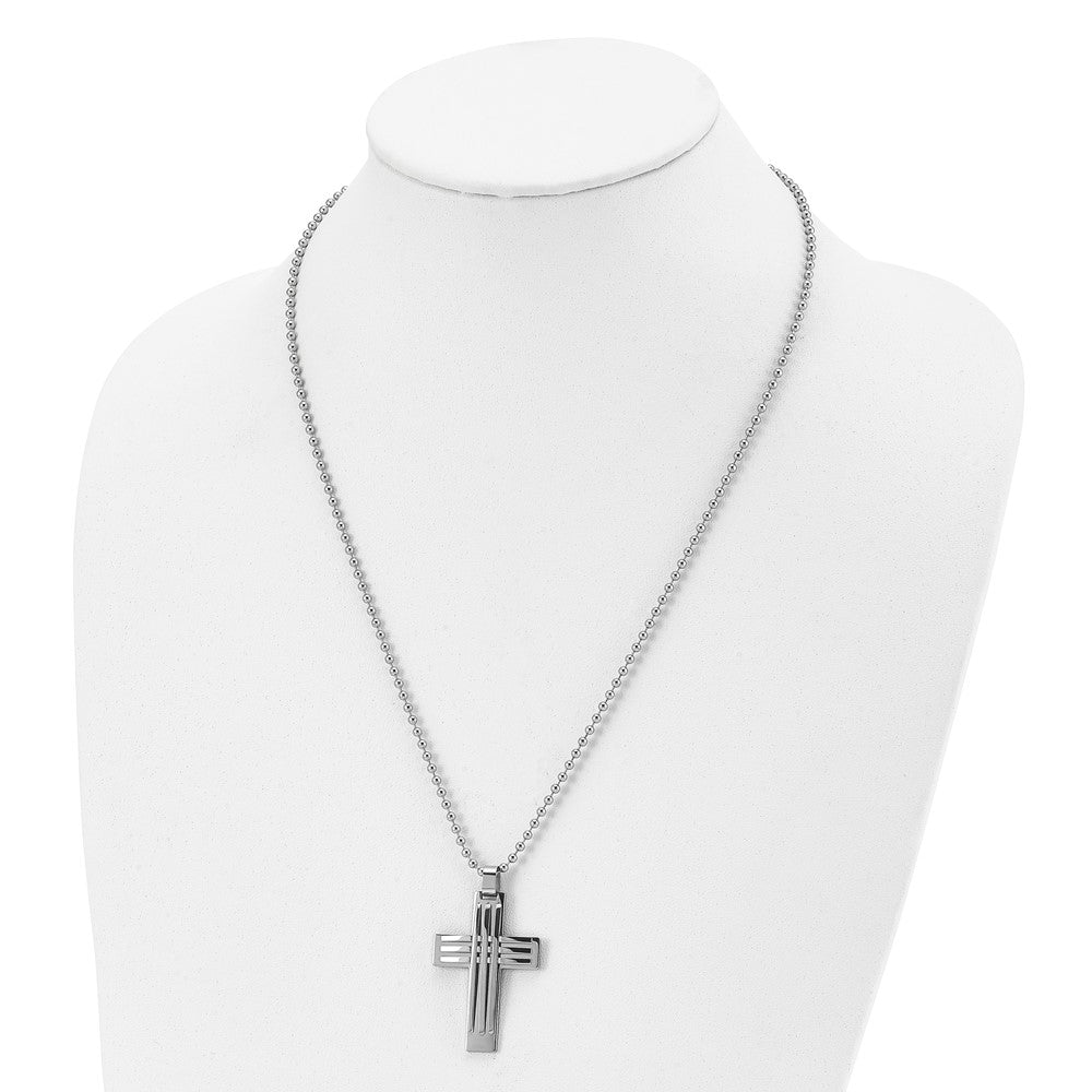 Alternate view of the Men's Stainless Steel Polished Bar Cross Necklace, 22 Inch by The Black Bow Jewelry Co.