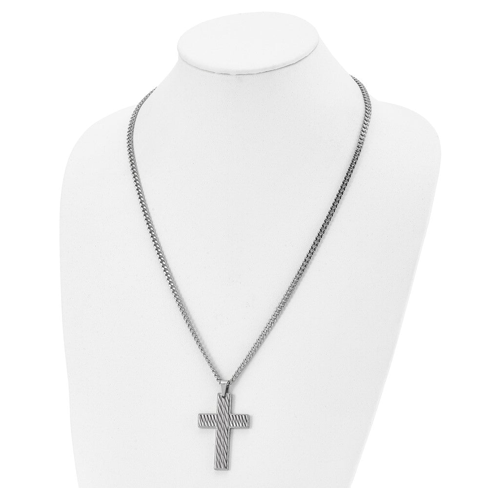 Alternate view of the Men's Stainless Steel Large Textured Cross Necklace, 24 Inch by The Black Bow Jewelry Co.