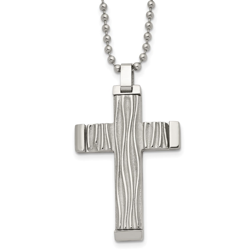 Men's Stainless Steel Textured Wave Design Cross Necklace, 22 Inch, Item N23159 by The Black Bow Jewelry Co.