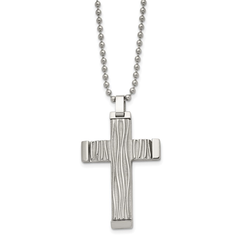 Alternate view of the Men's Stainless Steel Textured Wave Design Cross Necklace, 22 Inch by The Black Bow Jewelry Co.