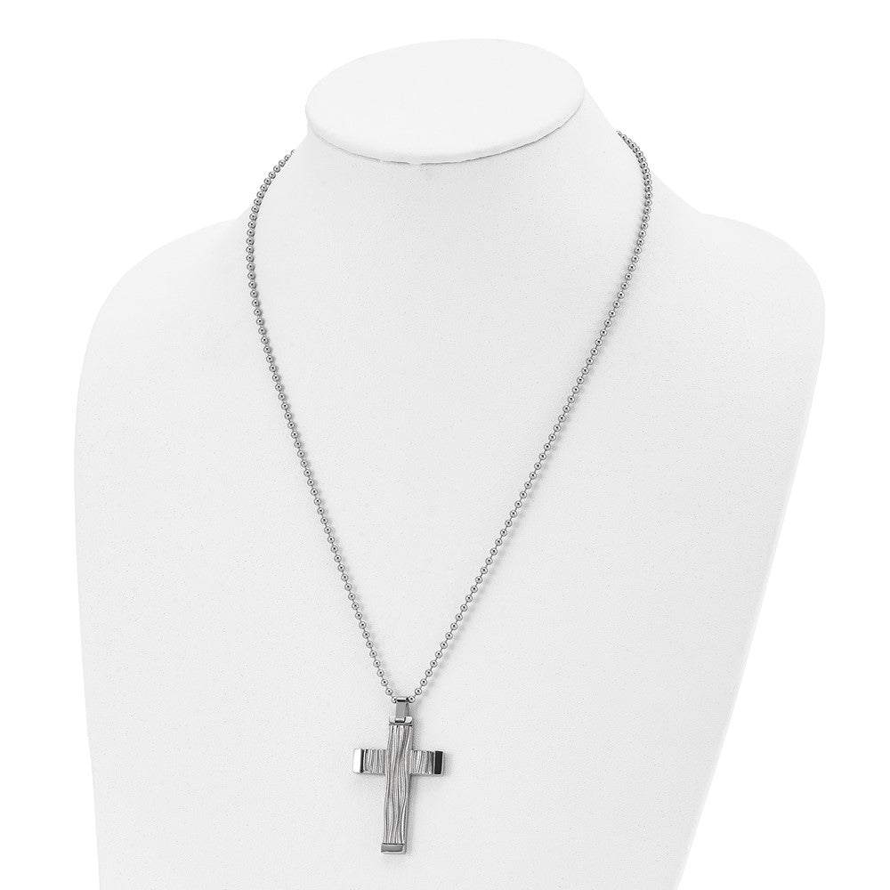 Alternate view of the Men's Stainless Steel Textured Wave Design Cross Necklace, 22 Inch by The Black Bow Jewelry Co.