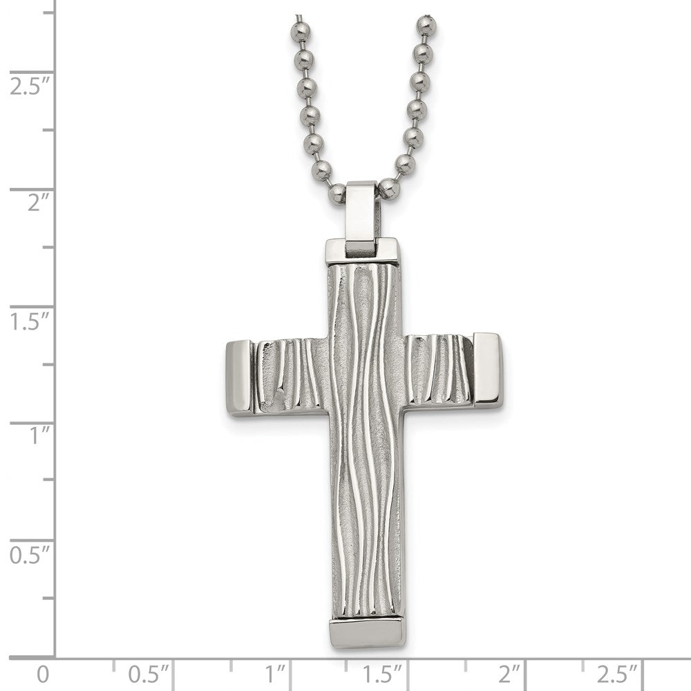 Alternate view of the Men's Stainless Steel Textured Wave Design Cross Necklace, 22 Inch by The Black Bow Jewelry Co.