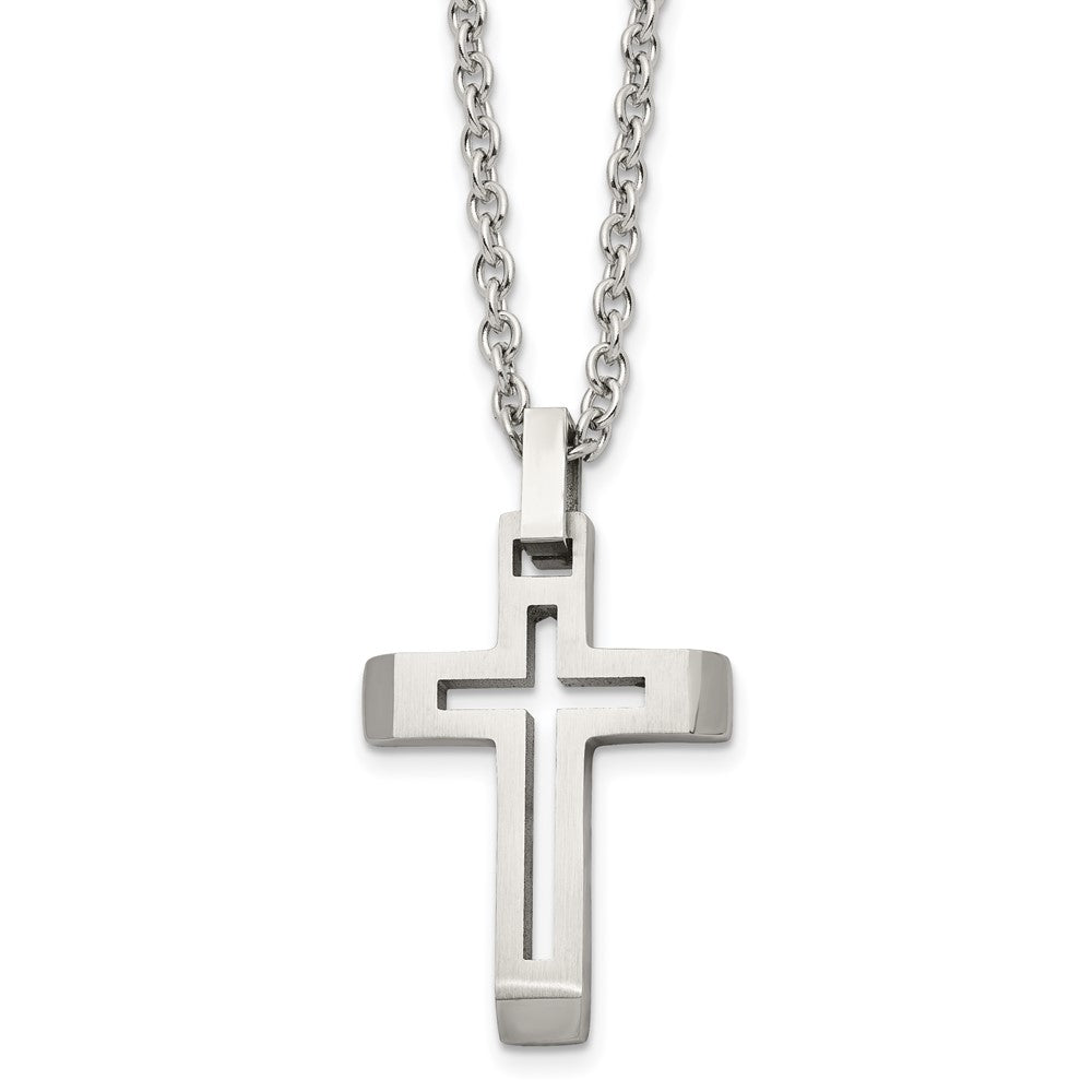 Mens Stainless Steel Brushed & Polished Voided Cross Necklace, 20 Inch, Item N23163 by The Black Bow Jewelry Co.