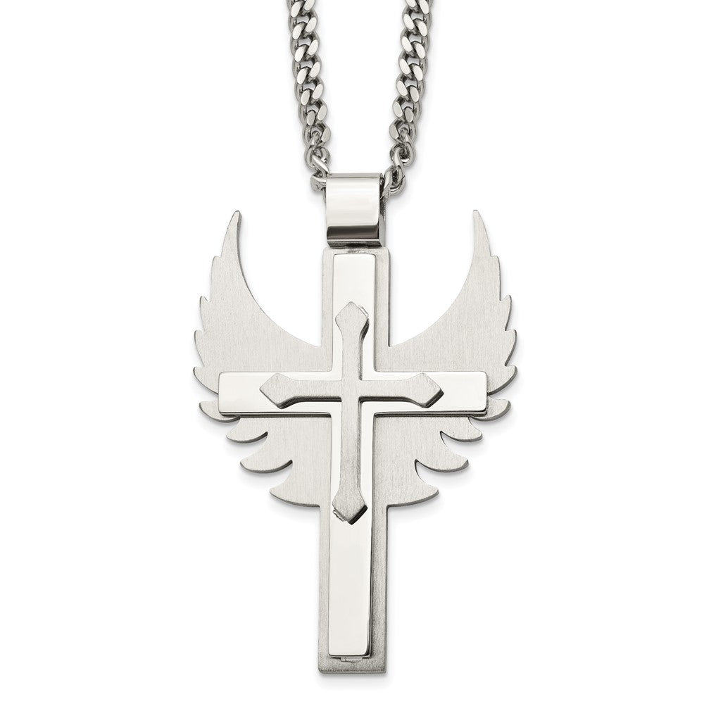 Mens Stainless Steel XL Winged Cross Necklace, 20 Inch, Item N23164 by The Black Bow Jewelry Co.