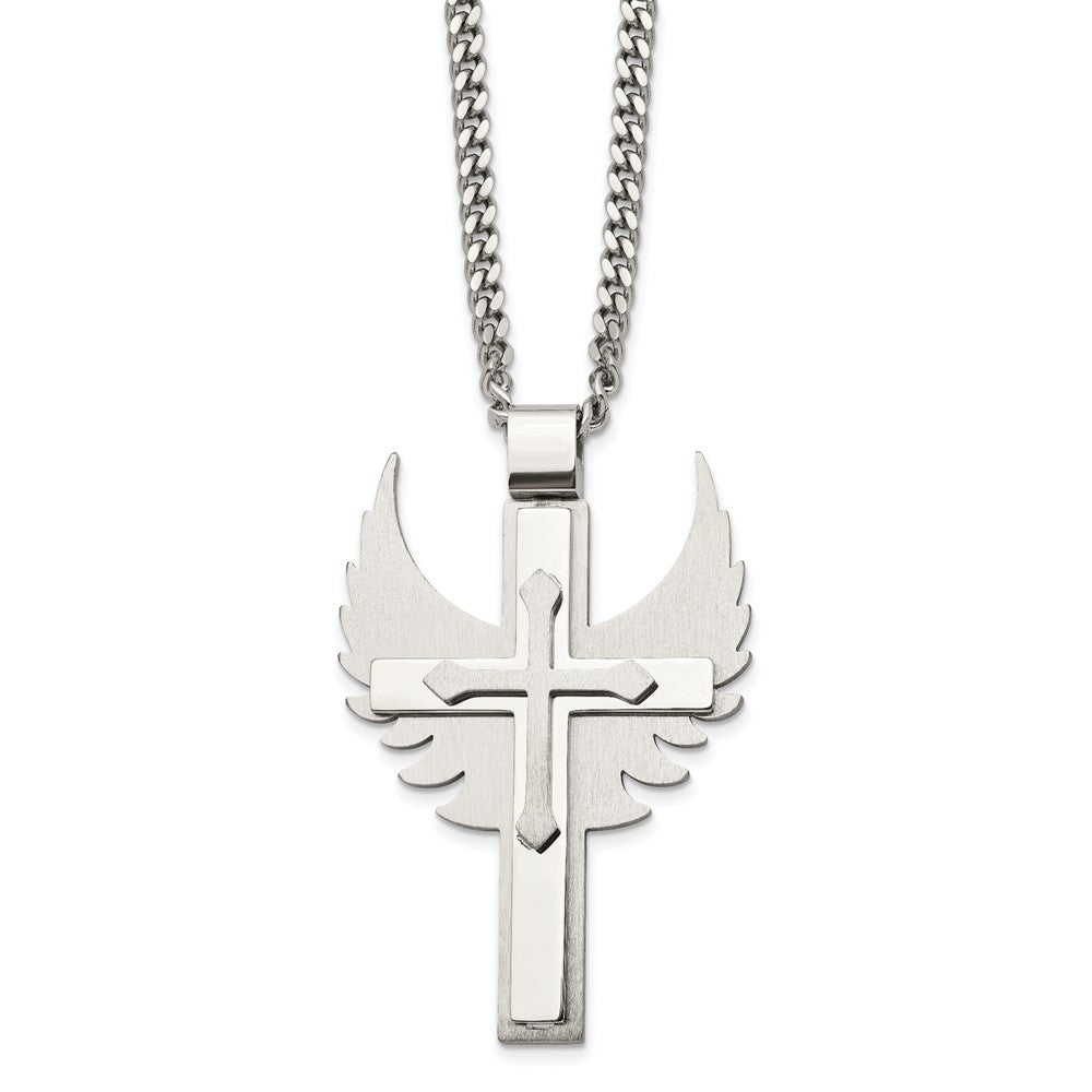 Alternate view of the Mens Stainless Steel XL Winged Cross Necklace, 20 Inch by The Black Bow Jewelry Co.