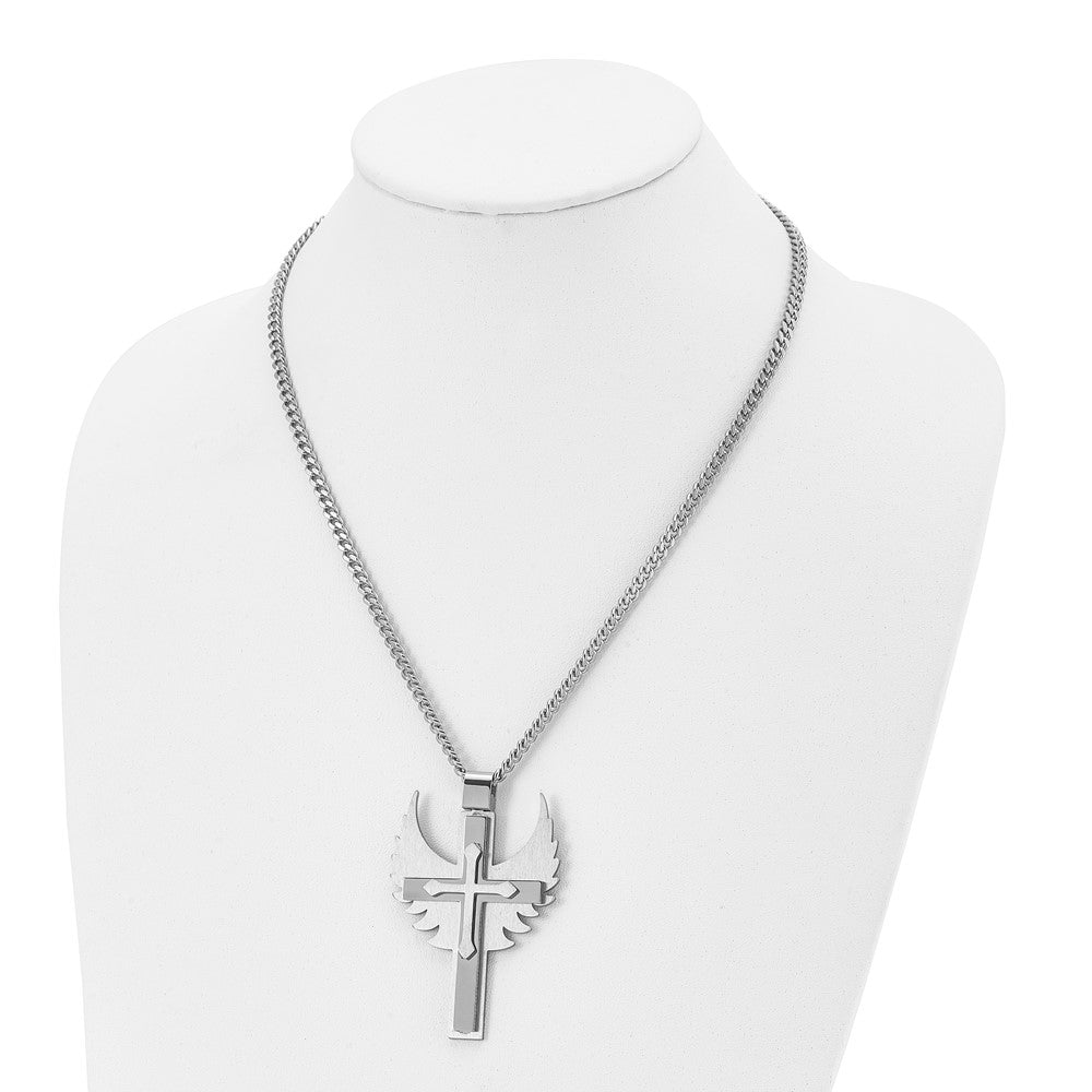 Alternate view of the Mens Stainless Steel XL Winged Cross Necklace, 20 Inch by The Black Bow Jewelry Co.
