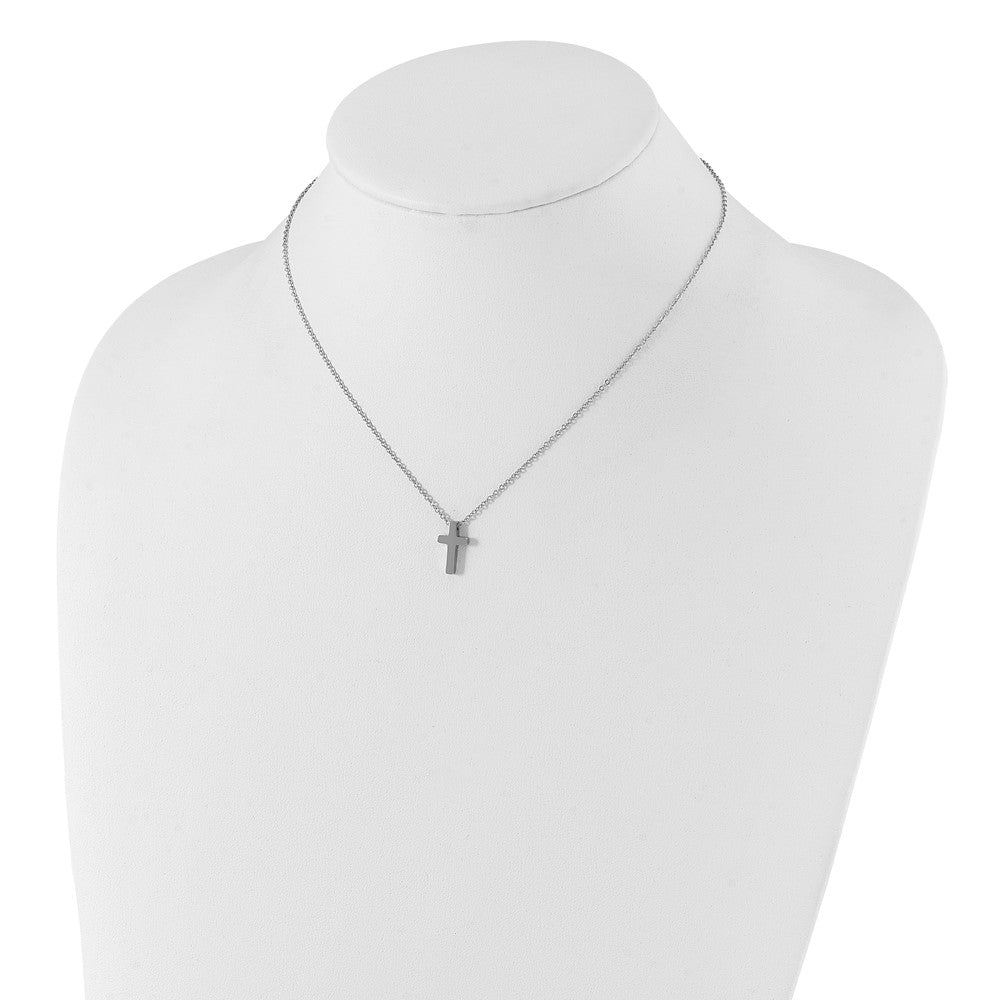 Alternate view of the Stainless Steel Polished XS Tiny 8 x 14mm Cross Necklace, 16 Inch by The Black Bow Jewelry Co.