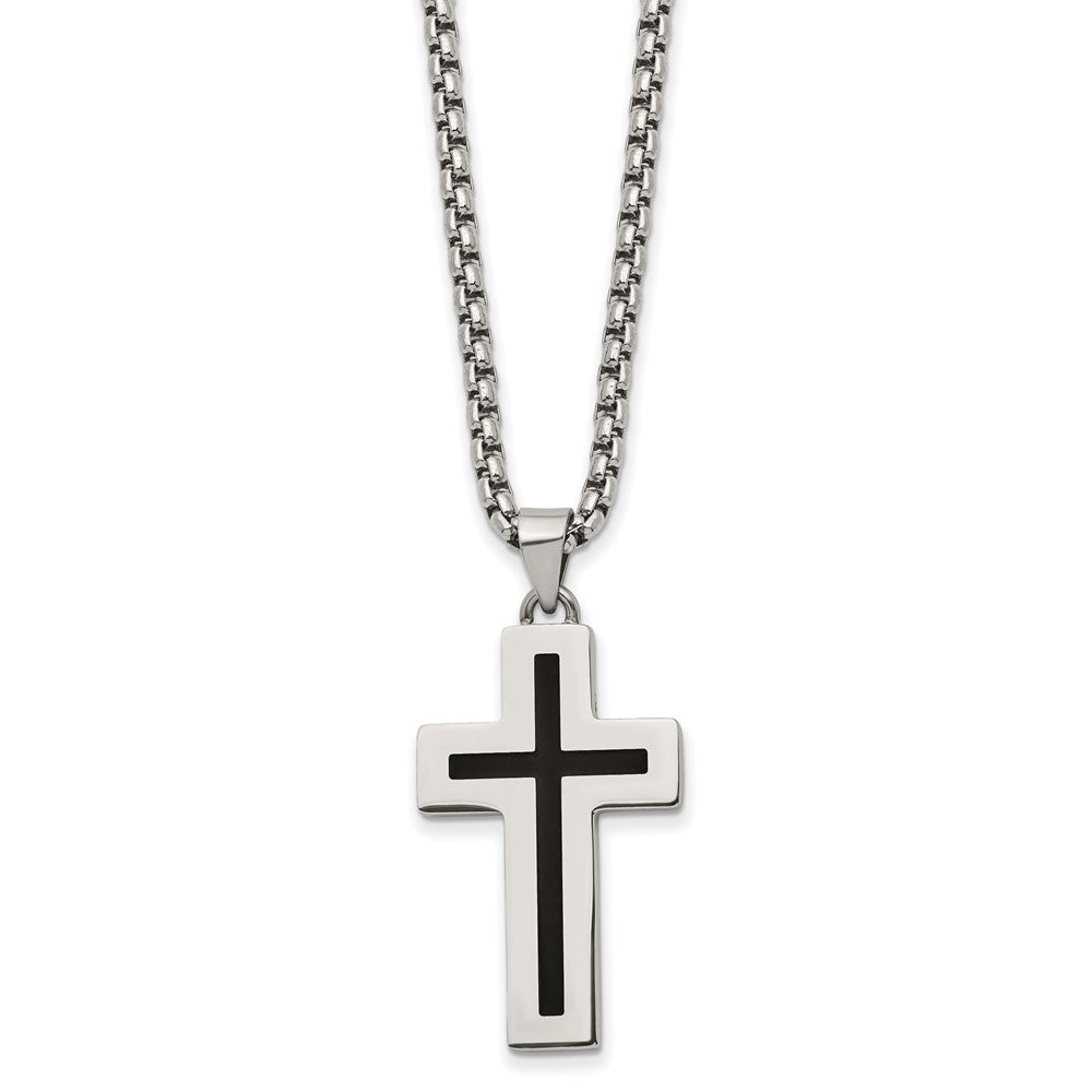 Stainless Steel & Black Enamel Small Cross Necklace, 24 Inch, Item N23176 by The Black Bow Jewelry Co.