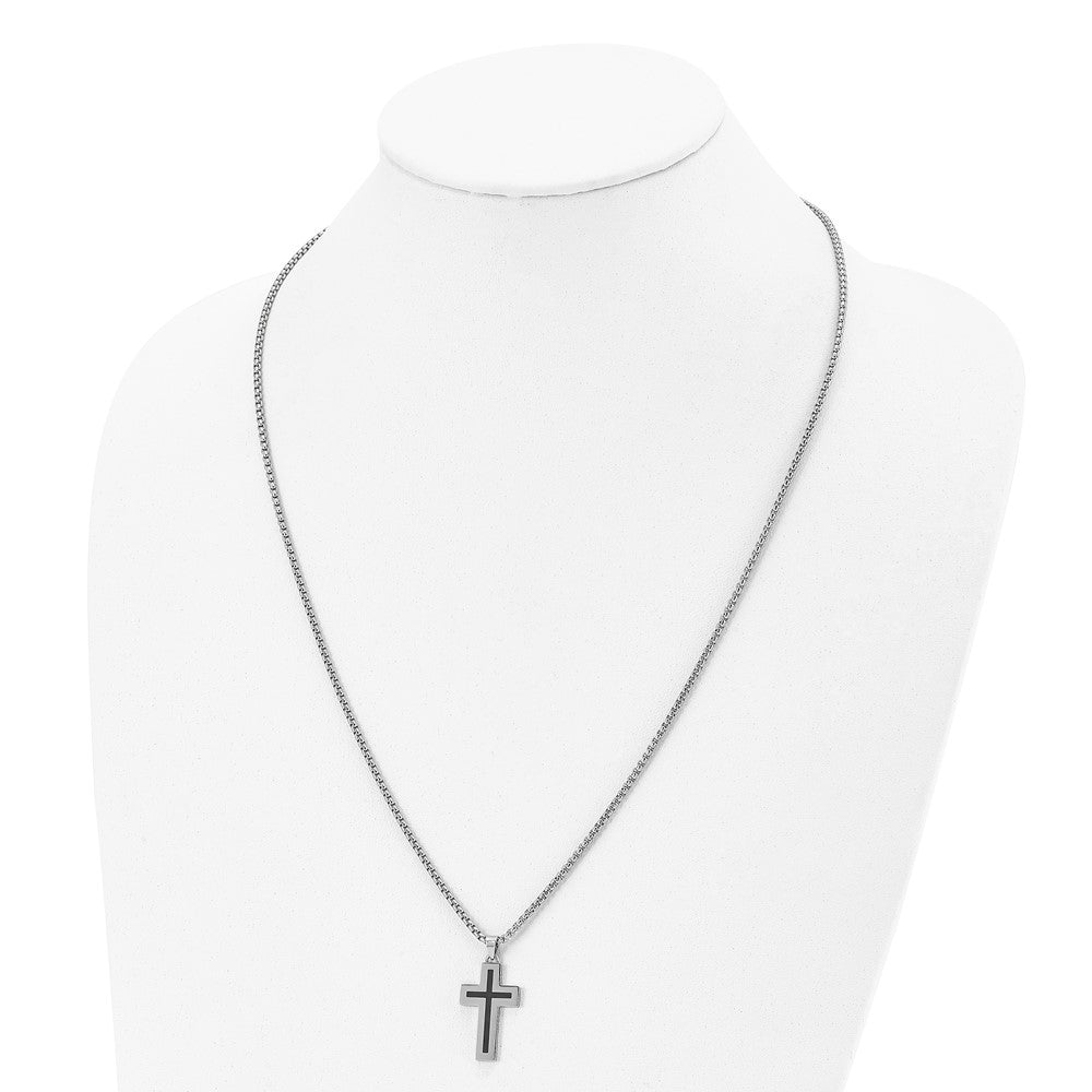Alternate view of the Stainless Steel & Black Enamel Small Cross Necklace, 24 Inch by The Black Bow Jewelry Co.