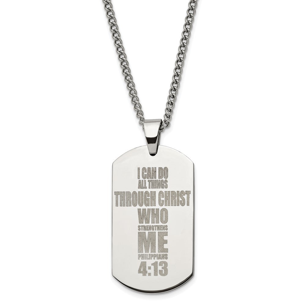 Stainless Steel Lasered Philippians 4:13 Dog Tag Necklace, 24 Inch, Item N23178 by The Black Bow Jewelry Co.