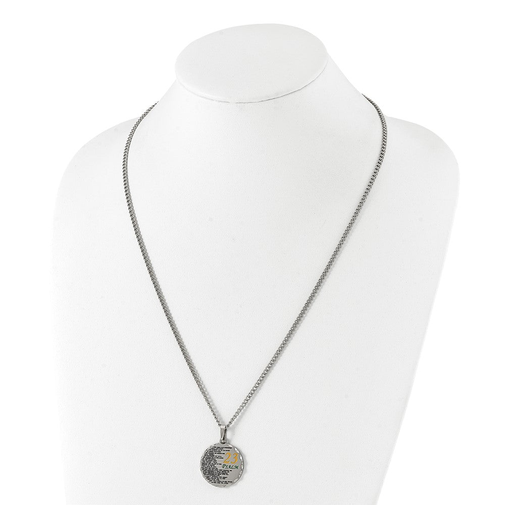 Alternate view of the Stainless Steel Acid Etched Psalm 23 Disc Necklace, 24 Inch by The Black Bow Jewelry Co.