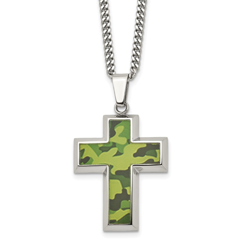 Men's Stainless Steel Printed Green Camo Cross Necklace, 22 inch, Item N23184 by The Black Bow Jewelry Co.