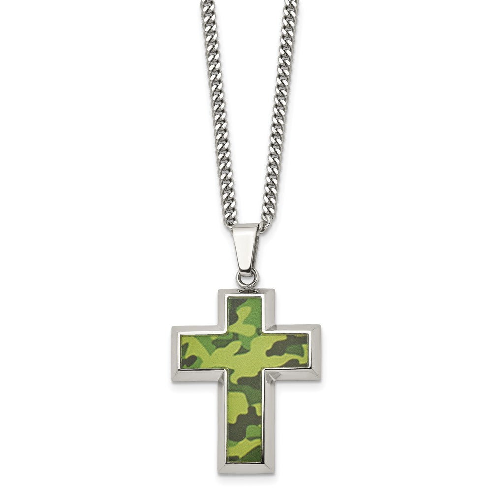 Alternate view of the Men's Stainless Steel Printed Green Camo Cross Necklace, 22 inch by The Black Bow Jewelry Co.