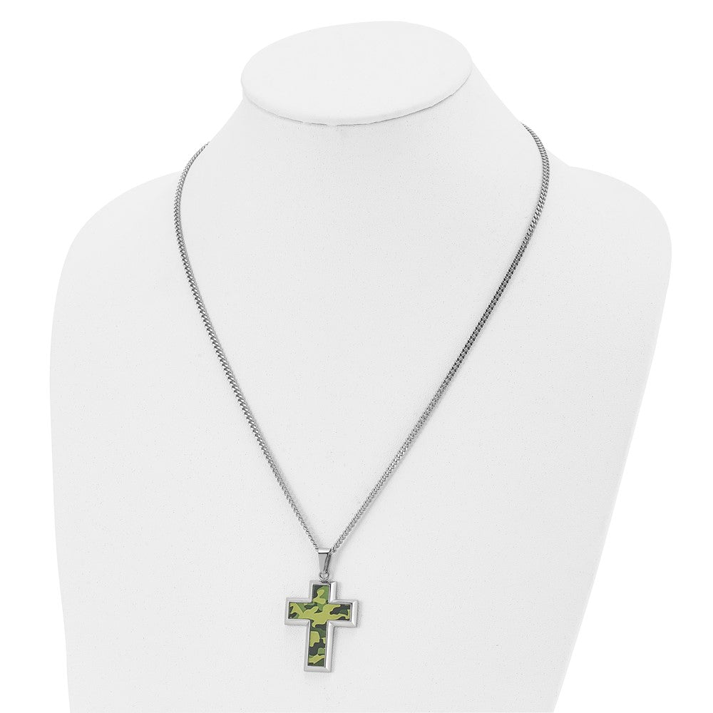 Alternate view of the Men's Stainless Steel Printed Green Camo Cross Necklace, 22 inch by The Black Bow Jewelry Co.