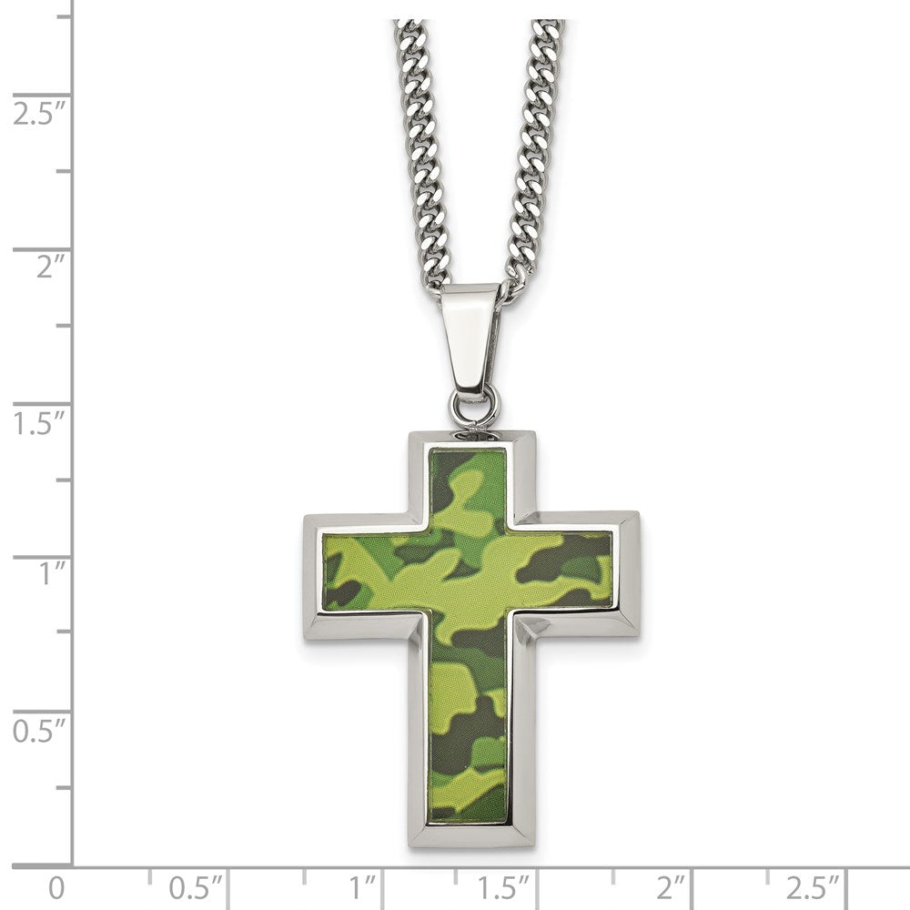 Alternate view of the Men's Stainless Steel Printed Green Camo Cross Necklace, 22 inch by The Black Bow Jewelry Co.