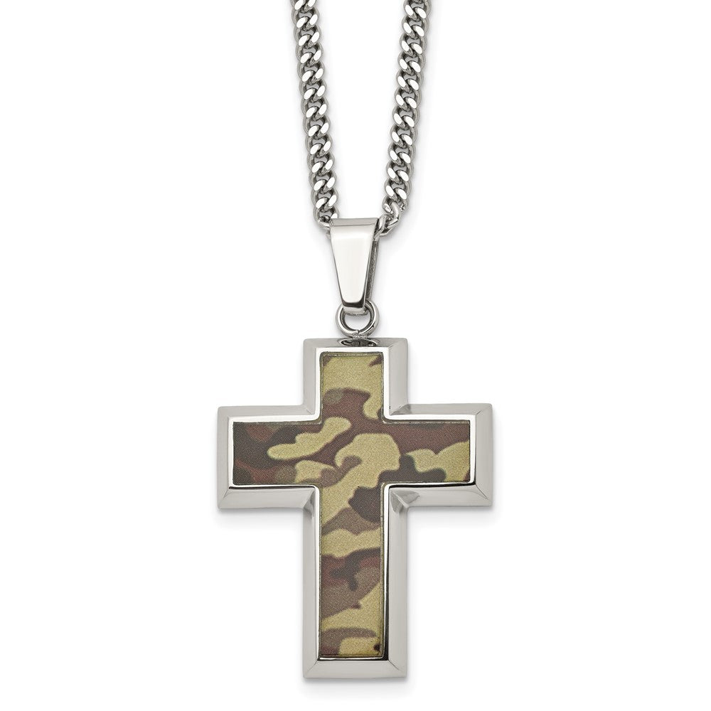 Men's Stainless Steel Printed Brown Camo Cross Necklace, 22 inch, Item N23185 by The Black Bow Jewelry Co.