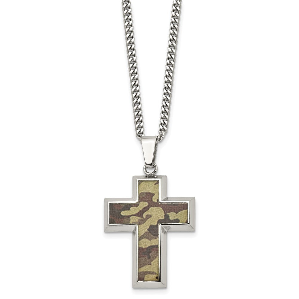 Alternate view of the Men's Stainless Steel Printed Brown Camo Cross Necklace, 22 inch by The Black Bow Jewelry Co.