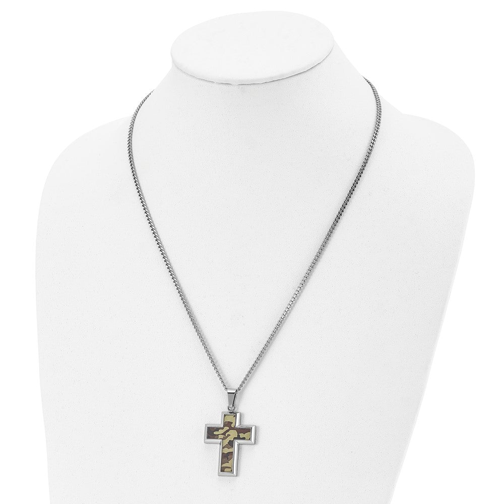 Alternate view of the Men's Stainless Steel Printed Brown Camo Cross Necklace, 22 inch by The Black Bow Jewelry Co.