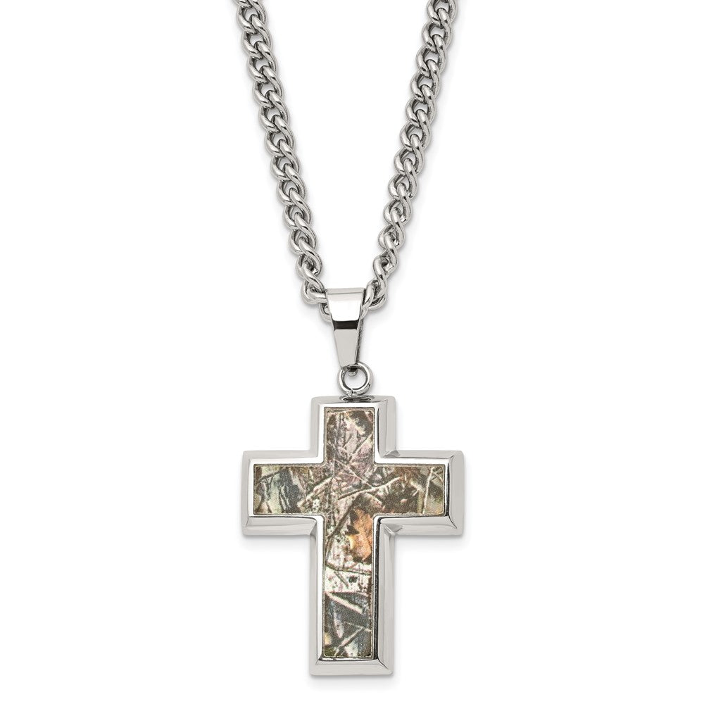 Men's Stainless Steel Printed Hunting Camo Cross Necklace, 24 inch, Item N23186 by The Black Bow Jewelry Co.