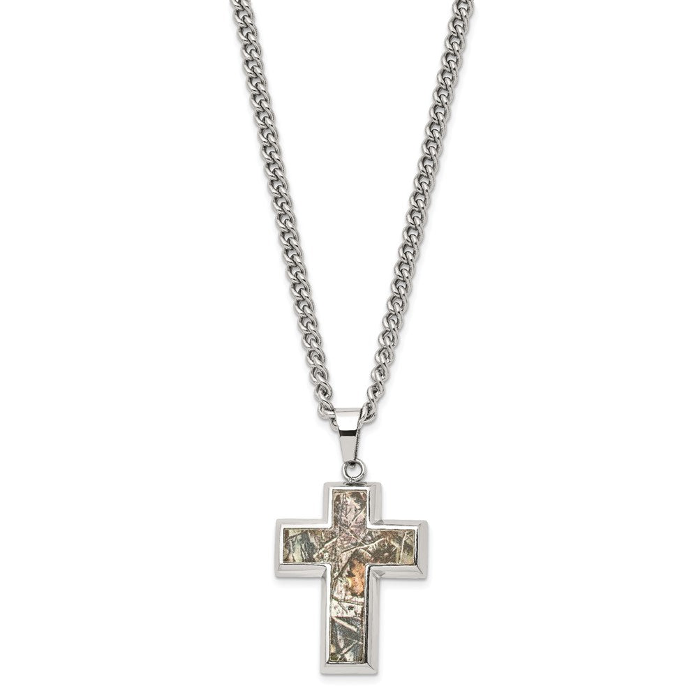 Alternate view of the Men's Stainless Steel Printed Hunting Camo Cross Necklace, 24 inch by The Black Bow Jewelry Co.