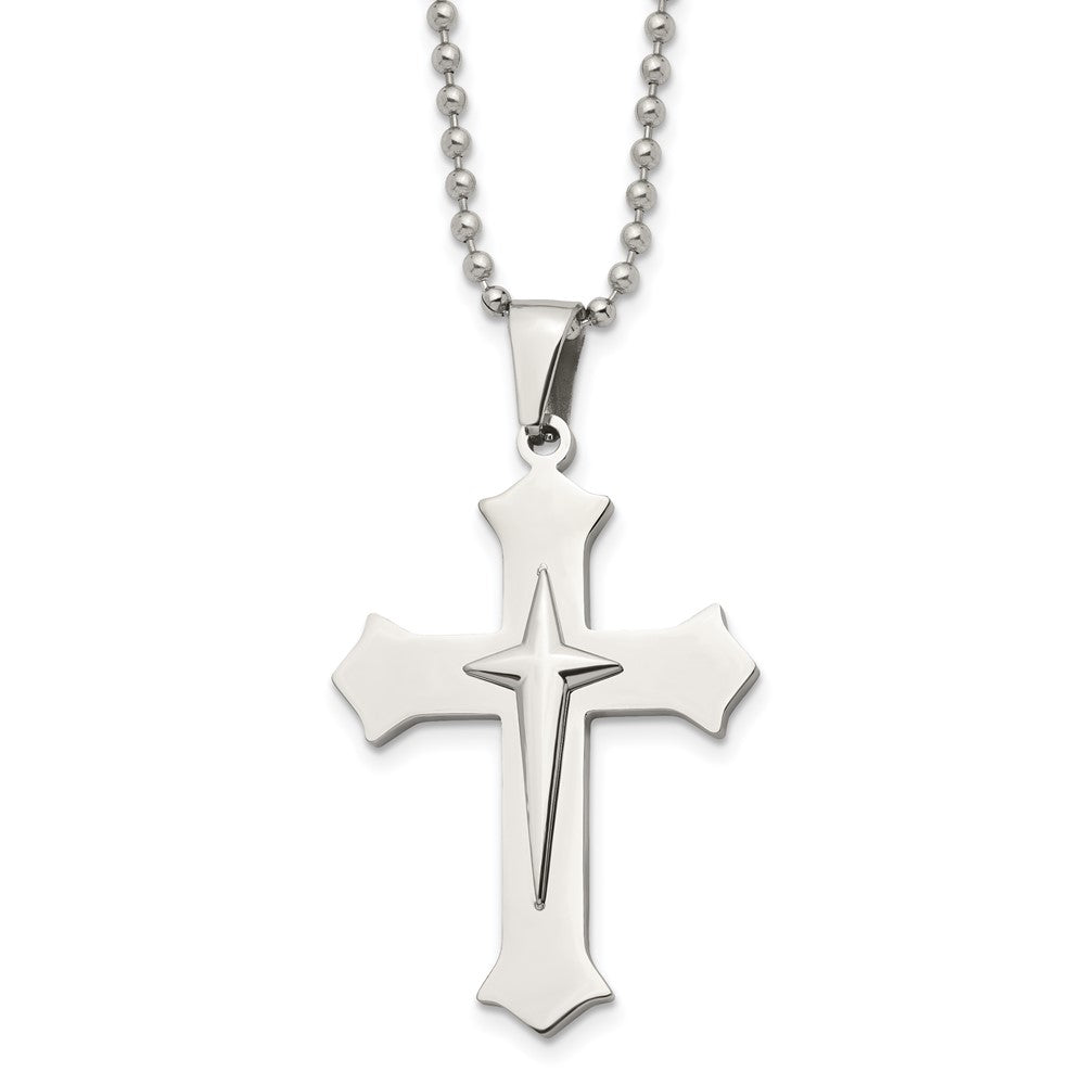 Stainless Steel Polished Double Cross Necklace, 24 Inch, Item N23188 by The Black Bow Jewelry Co.
