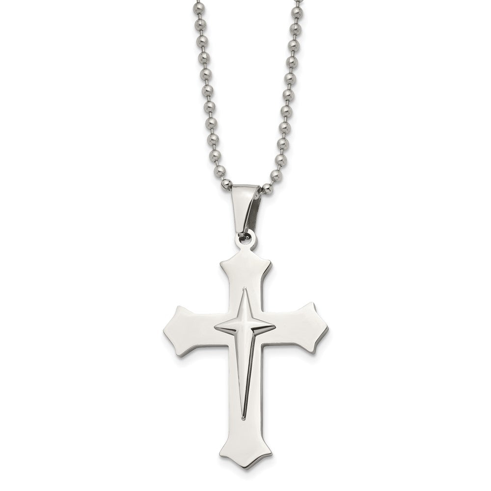 Alternate view of the Stainless Steel Polished Double Cross Necklace, 24 Inch by The Black Bow Jewelry Co.