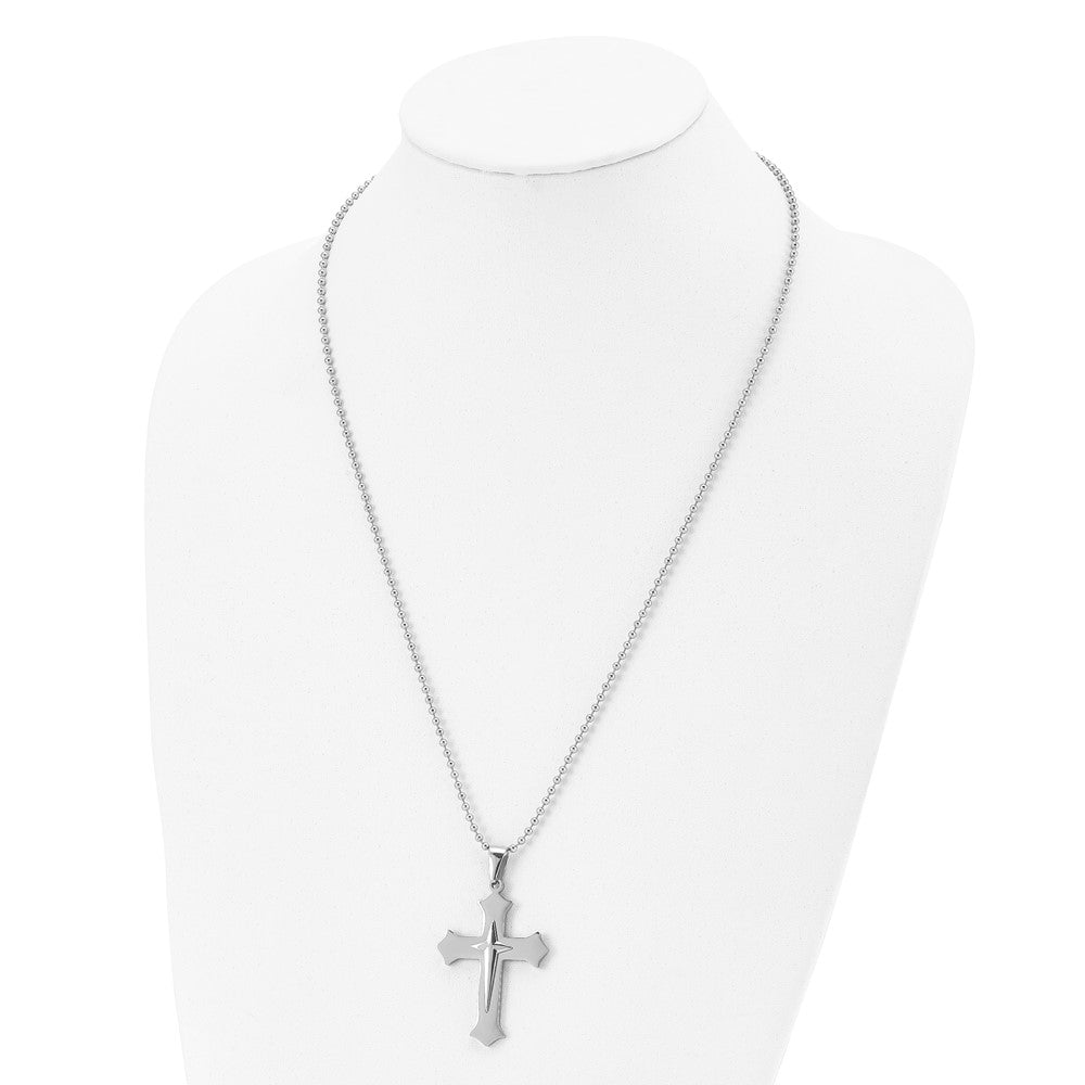 Alternate view of the Stainless Steel Polished Double Cross Necklace, 24 Inch by The Black Bow Jewelry Co.