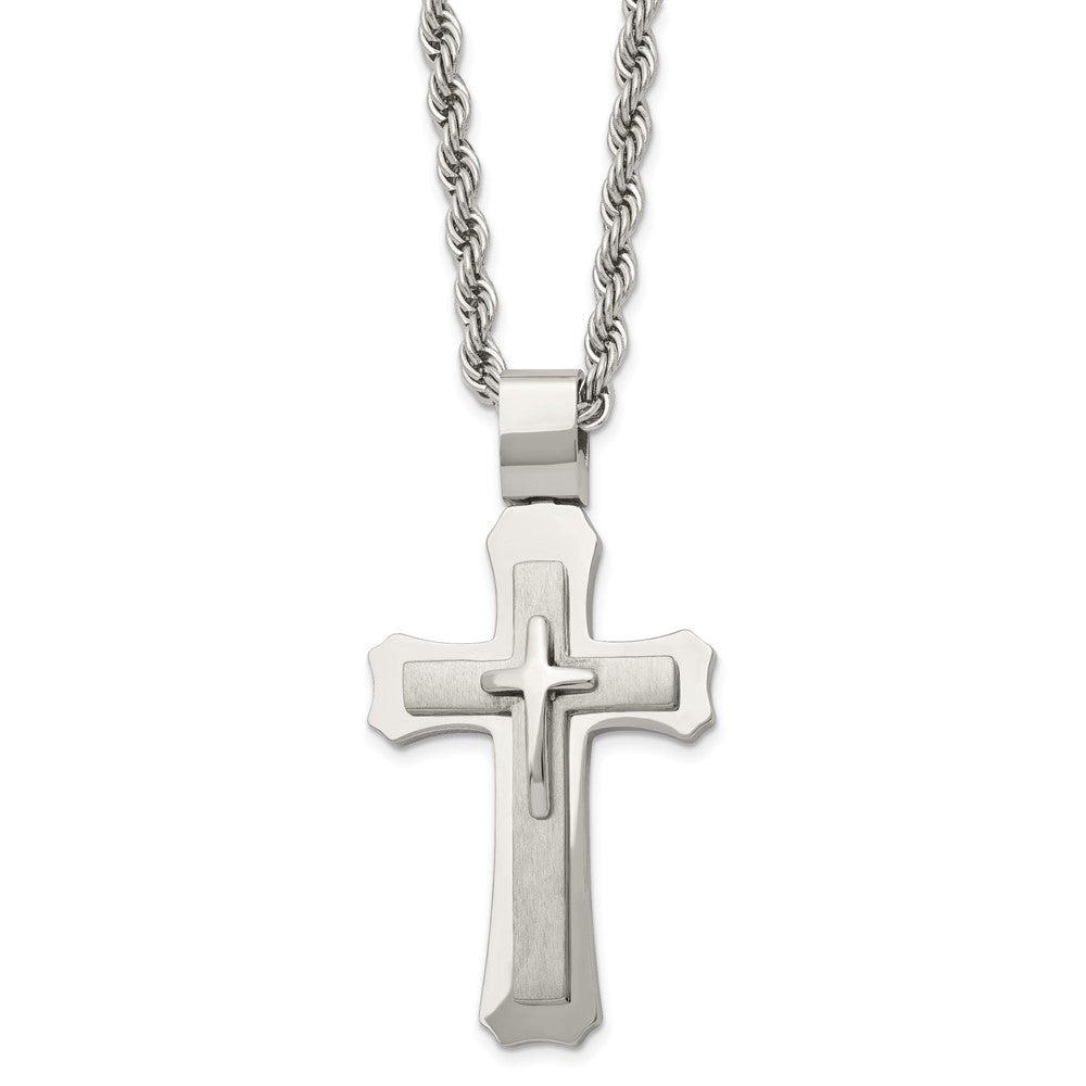 Men's Stainless Steel Large Triple Layer Cross Necklace, 24 Inch, Item N23189 by The Black Bow Jewelry Co.