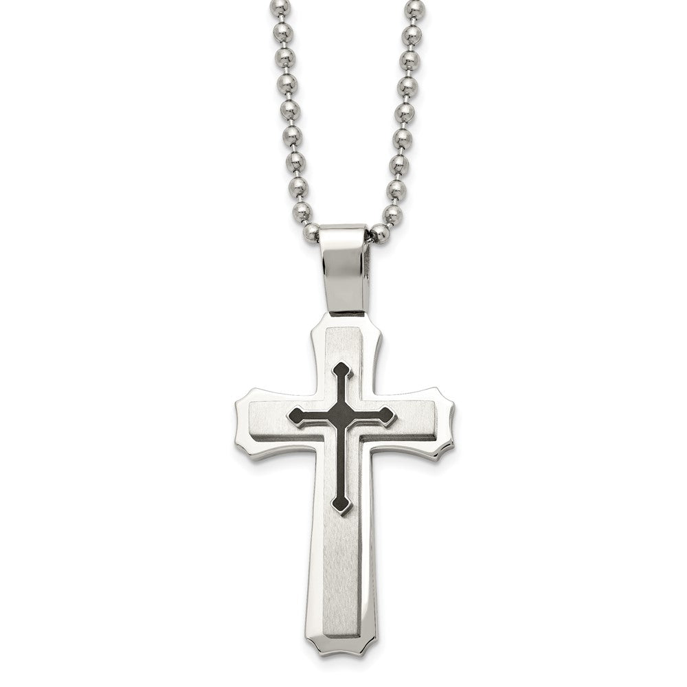 Stainless Steel & Black Rubber Triple Cross Necklace, 24 Inch, Item N23190 by The Black Bow Jewelry Co.