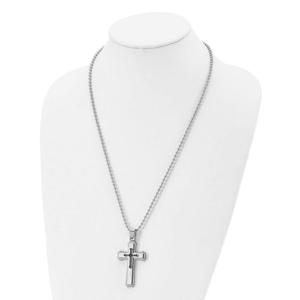 Alternate view of the Stainless Steel & Black Rubber Triple Cross Necklace, 24 Inch by The Black Bow Jewelry Co.