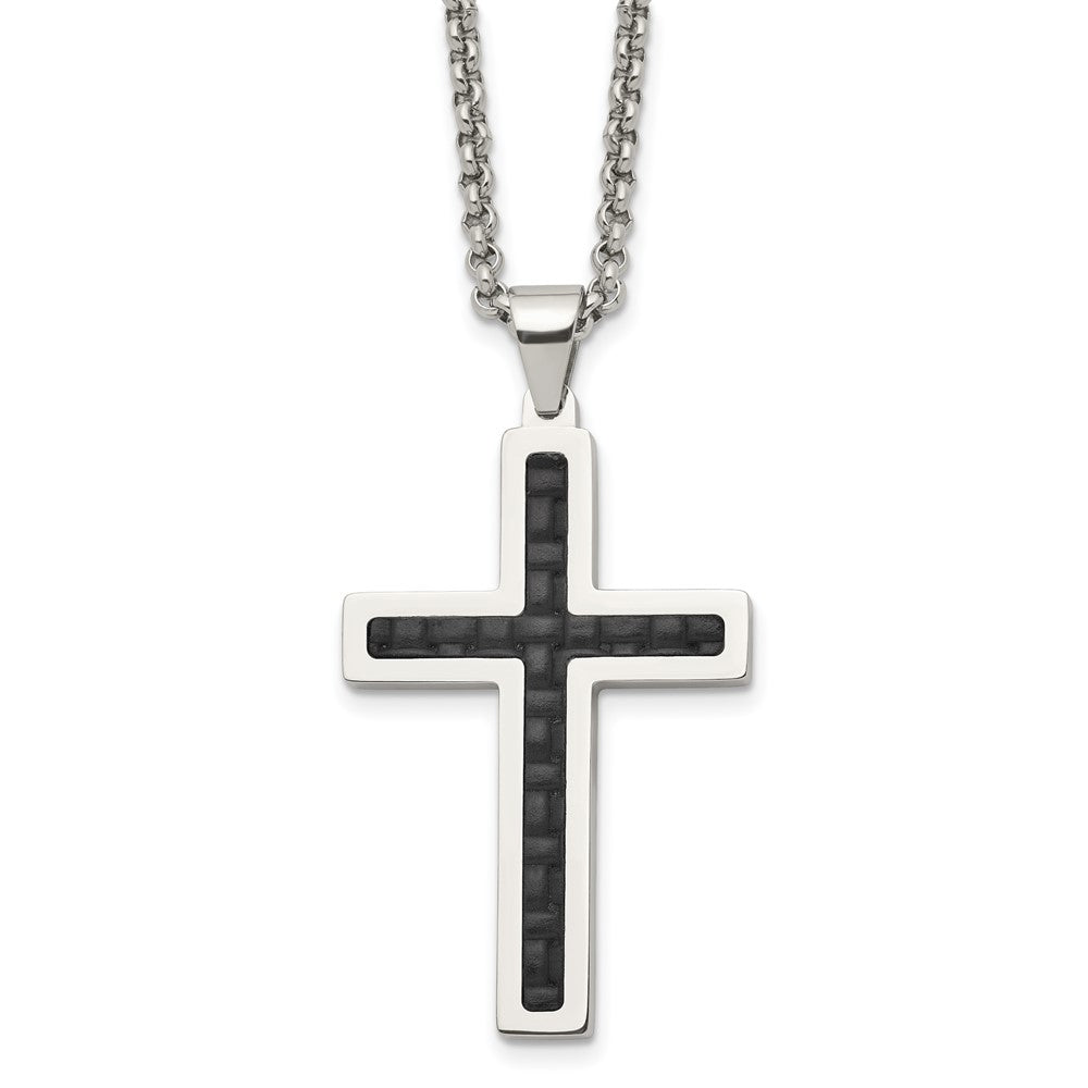 Stainless Steel & Black Genuine Leather Inlay Cross Necklace, 20 Inch, Item N23192 by The Black Bow Jewelry Co.