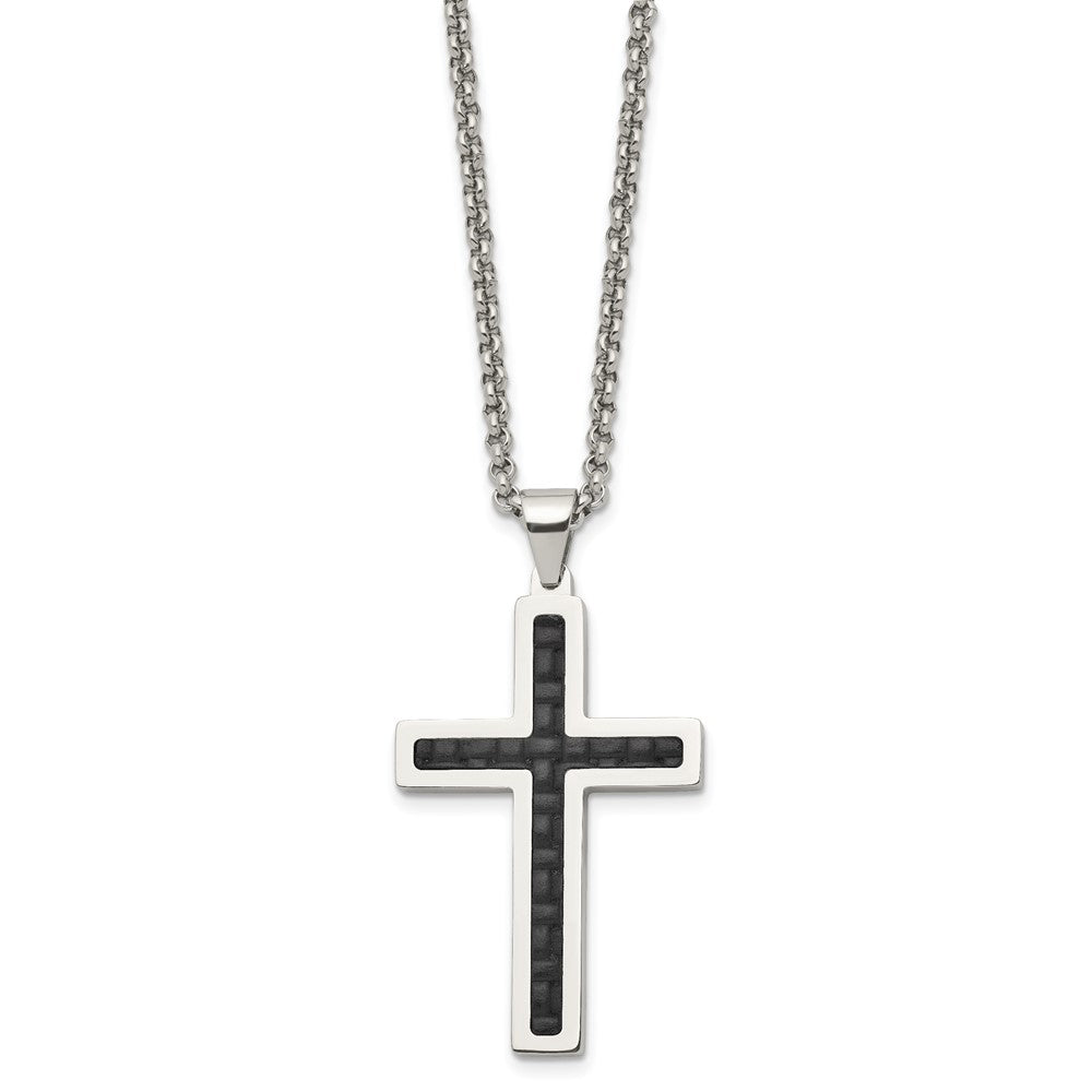 Alternate view of the Stainless Steel & Black Genuine Leather Inlay Cross Necklace, 20 Inch by The Black Bow Jewelry Co.