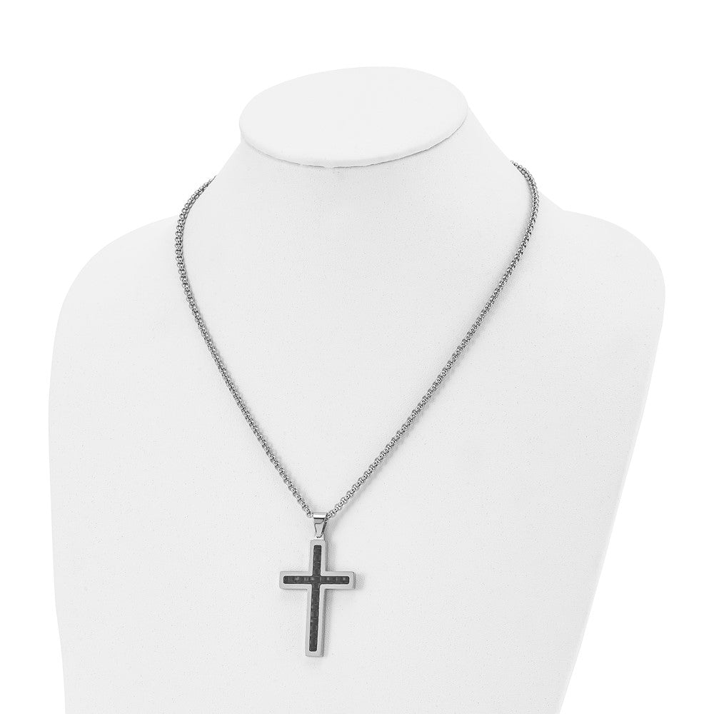 Alternate view of the Stainless Steel & Black Genuine Leather Inlay Cross Necklace, 20 Inch by The Black Bow Jewelry Co.