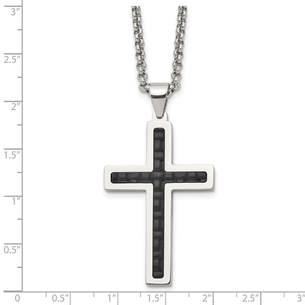 Alternate view of the Stainless Steel & Black Genuine Leather Inlay Cross Necklace, 20 Inch by The Black Bow Jewelry Co.