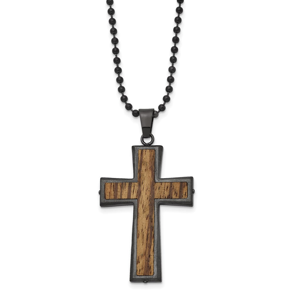 Gunmetal & Black Plated Stainless Steel Hardwood Cross Necklace, 24 In, Item N23194 by The Black Bow Jewelry Co.