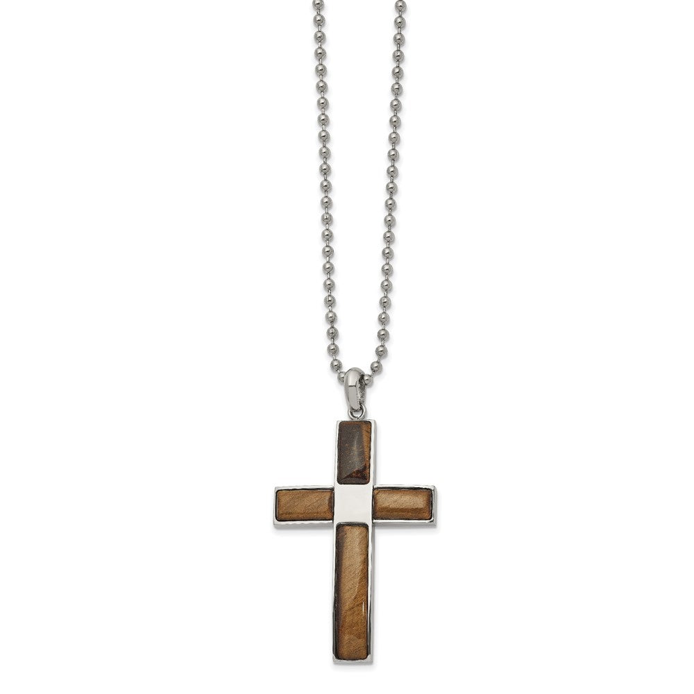 Men's Stainless Steel & Tiger's Eye Large Cross Necklace, 22 Inch, Item N23198 by The Black Bow Jewelry Co.