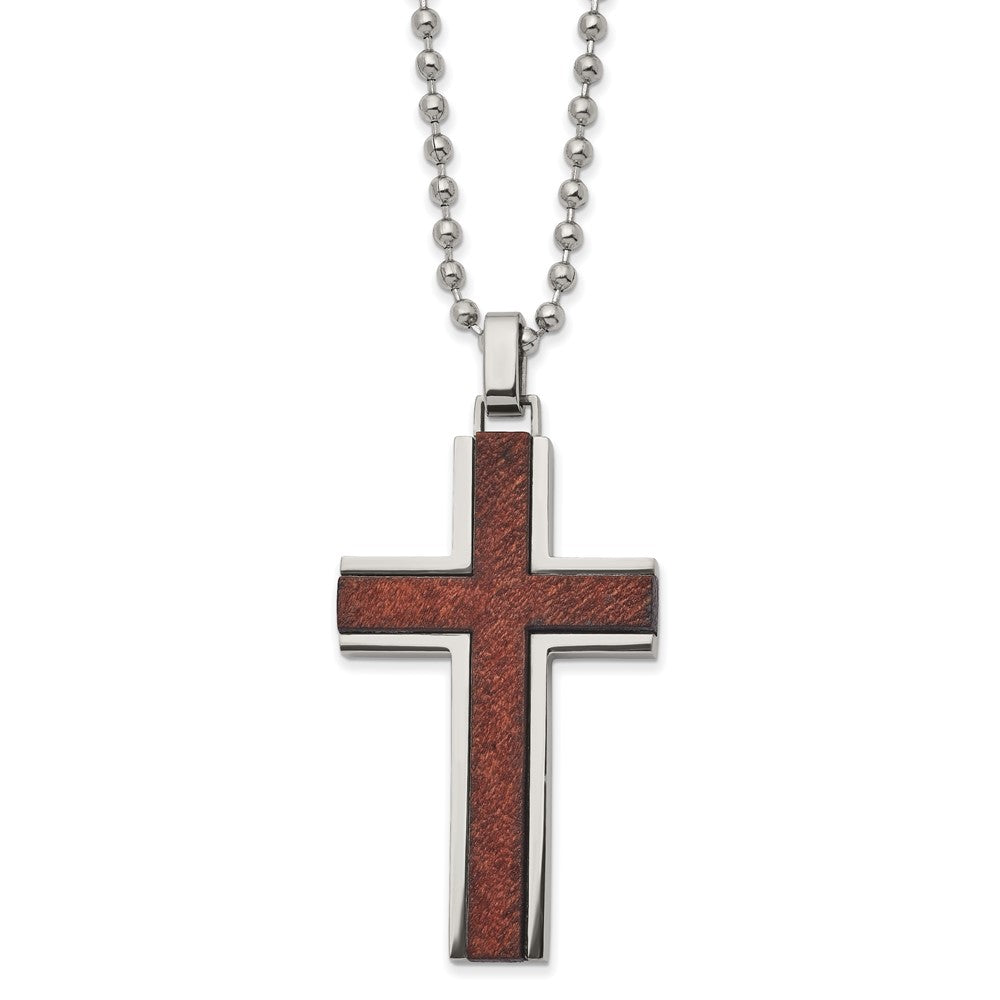 Men's Stainless Steel & Brown Wood Cross Necklace, 22 Inch, Item N23200 by The Black Bow Jewelry Co.