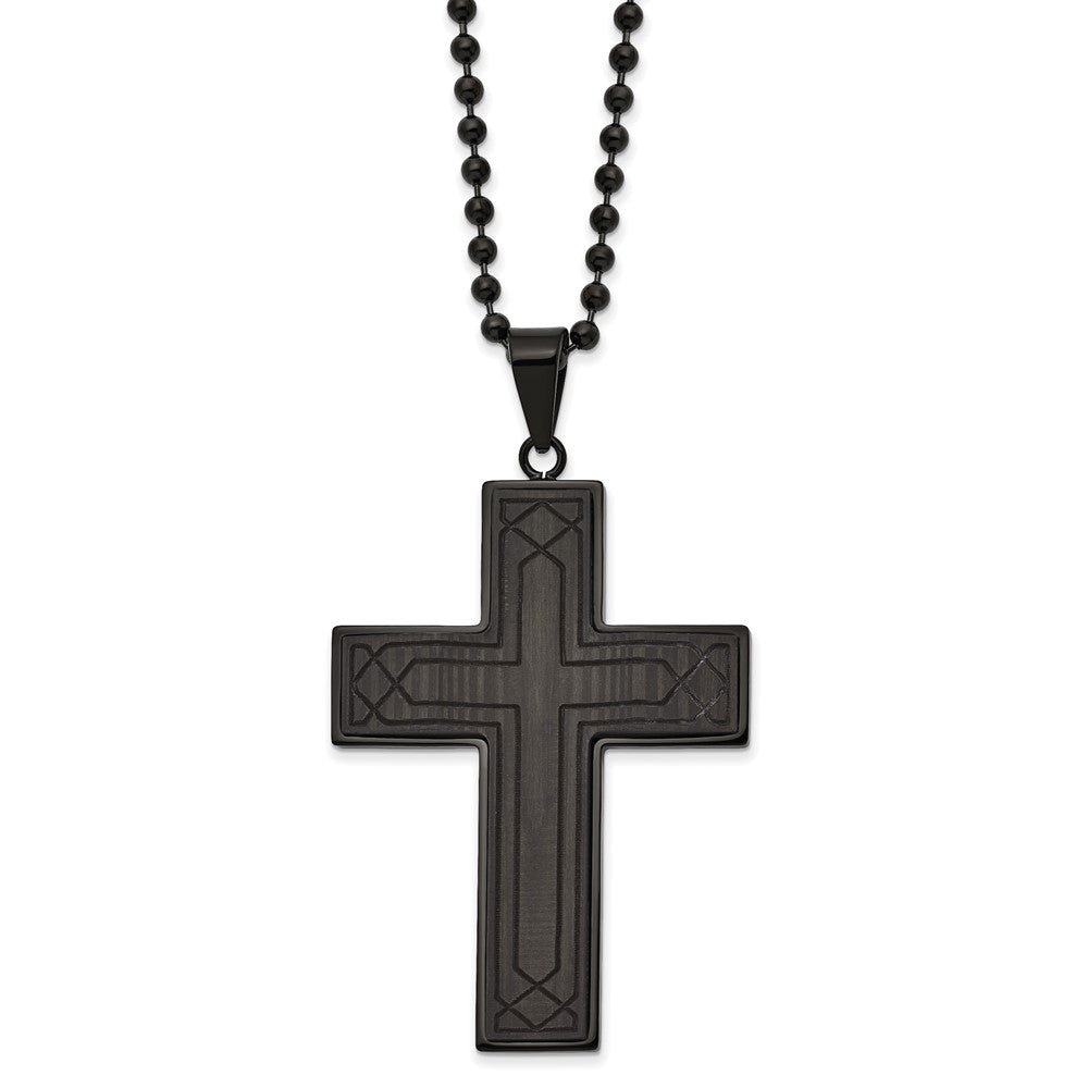 Black Plated Stainless Steel Black Carbon Fiber Cross Necklace, 24 In, Item N23201 by The Black Bow Jewelry Co.