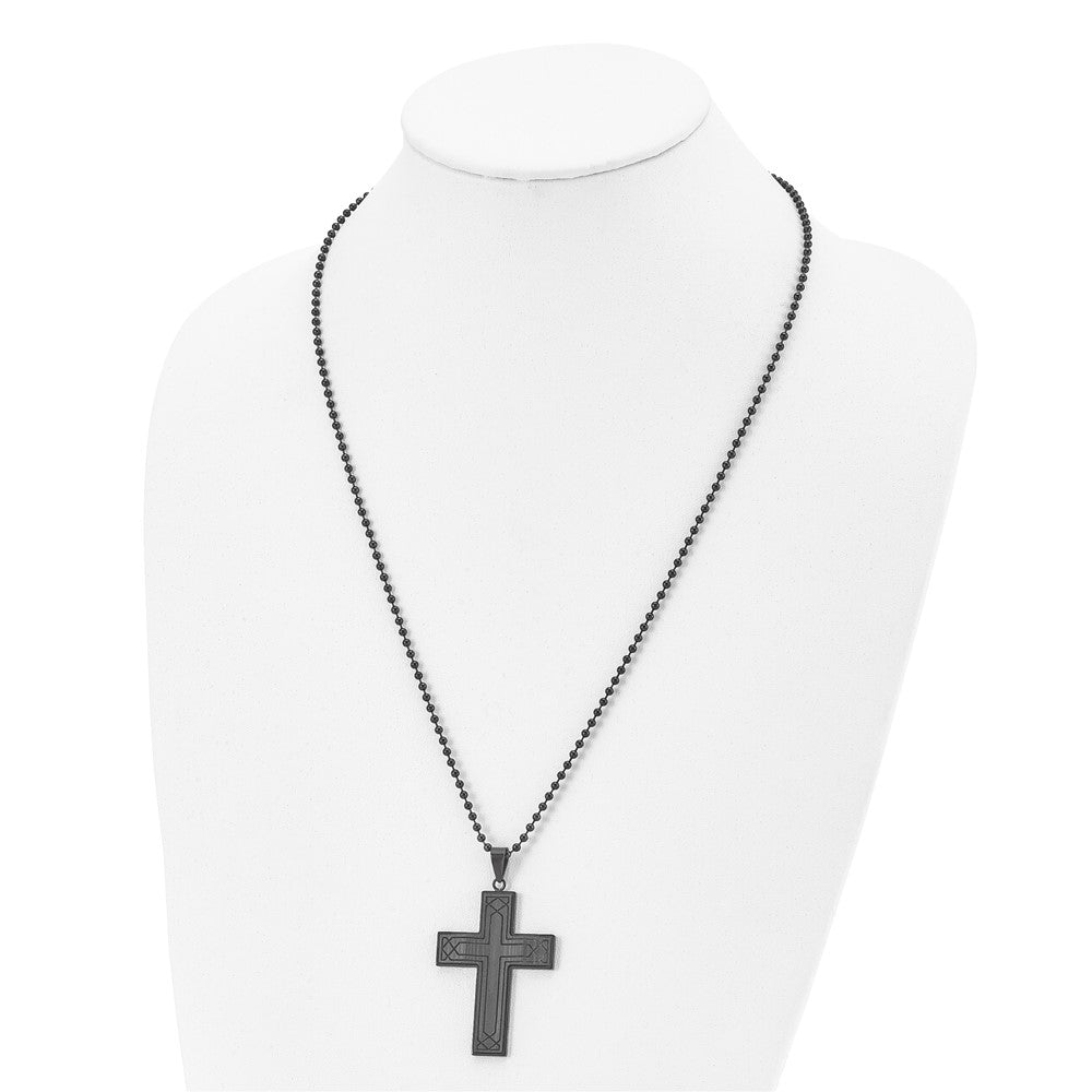 Alternate view of the Black Plated Stainless Steel Black Carbon Fiber Cross Necklace, 24 In by The Black Bow Jewelry Co.