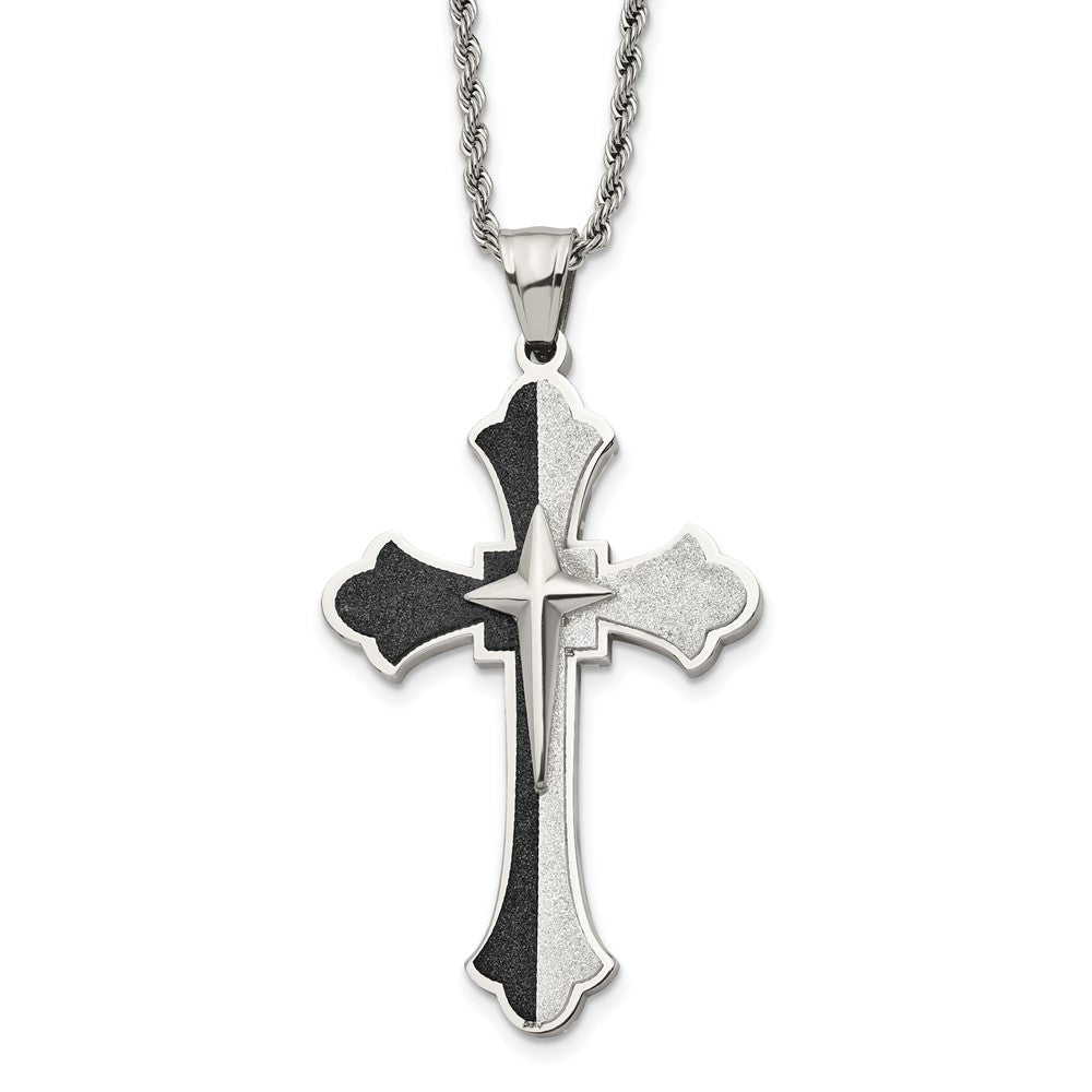 Stainless Steel Black Plated Large Fleur de lis Cross Necklace