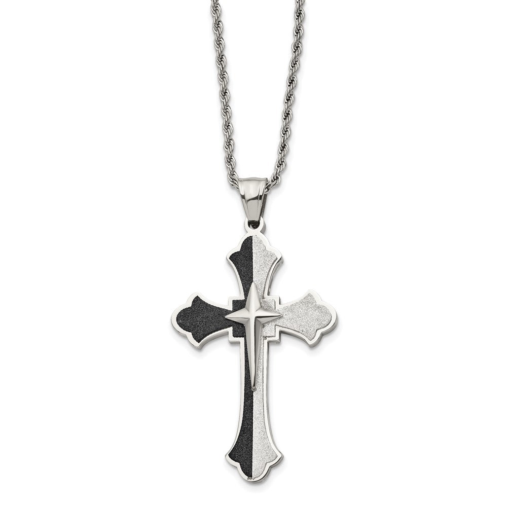 Alternate view of the Stainless Steel & Black Plated Large Fleur de lis Cross Necklace, 24in by The Black Bow Jewelry Co.